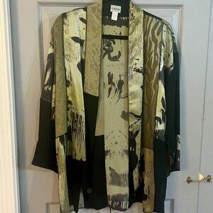 Chico's Silk-Blend Sheer Kimono Jacket in Olives & Black